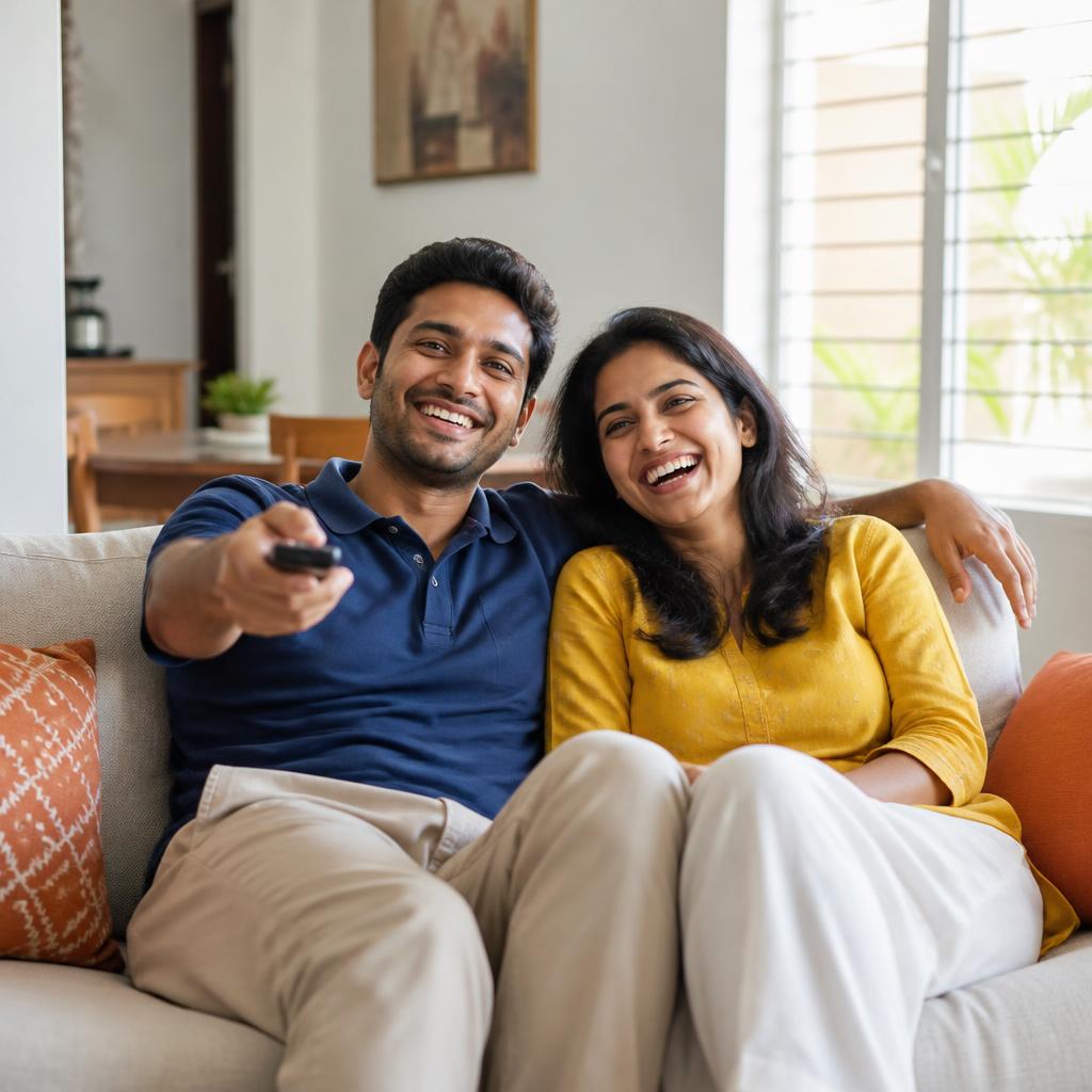 Smiling couple relaxing on a sofa at home, one holding a TV remote
