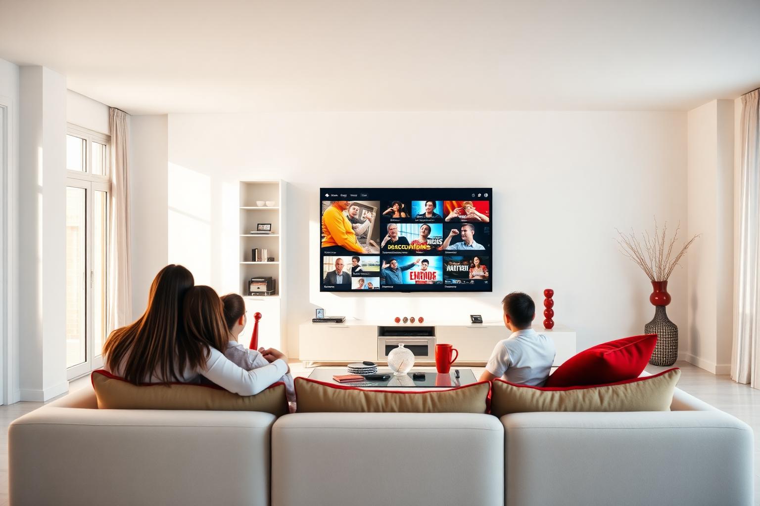 Family watching live TV and streaming apps on a large screen at home
